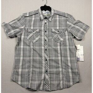 NWT Chals Men's Western Pearl Snap Shirt L Black White Plaid Short Sleeve Sz L
